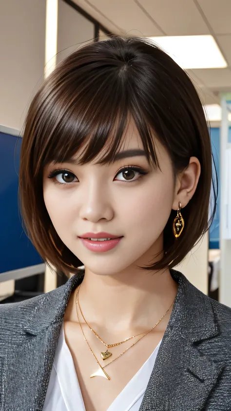 RAW Photo High Resolution, Very detailed, Intricate details, 、ear piercing、、Short Hair、Dark Brown Hair、Office Lady Suits 、jacket、shirt、Heavy makeup、Necklace on neck、, The background is the office
