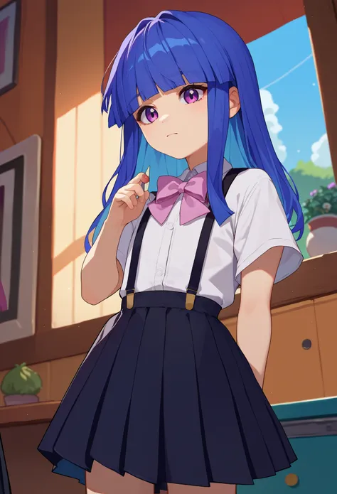 score_9, score_8_up, score_7_up, source_anime, 1girl, furude rika, blue hair, purple eyes, white shirt, pink bow, suspenders, black skirt  