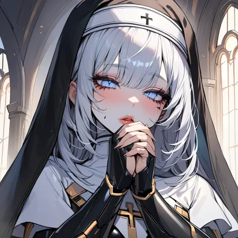 A Cyborg Woman, thick body, Thick lips, long eyelashes, beautiful eyes, detailed eyes, masterpiece, She is praying, ((She wears a black exosuit under a white nun's outfit with gold jewelry and a translucent veil.)), She is barefoot and has shackles on ...