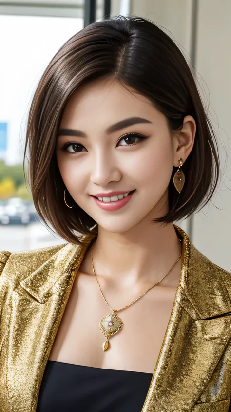 RAW Photo High Resolution, Very detailed, Intricate details, 、ear piercing、、Short Hair、Black Hair、Office Lady Suits 、smile、jacket、shirt、Heavy makeup、Necklace on neck、, The background is the office
