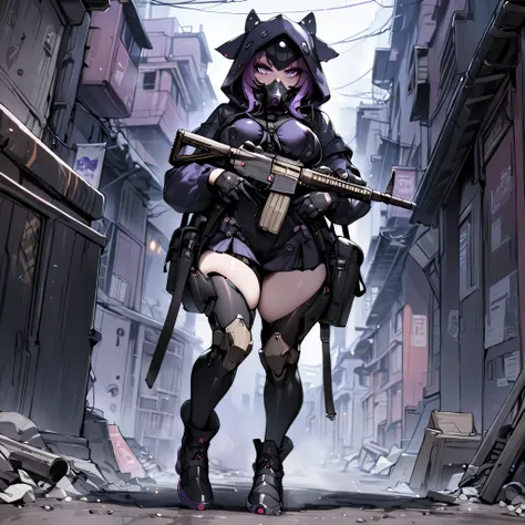 A Cyborg Woman, thick body, Thick lips, long eyelashes, Violet eyes, detailed eyes, beautiful eyes , masterpiece, She has an assault rifle in her hands, She is wearing a gas mask, ((She is wearing a black exosuit with high boots and a hood.)), 