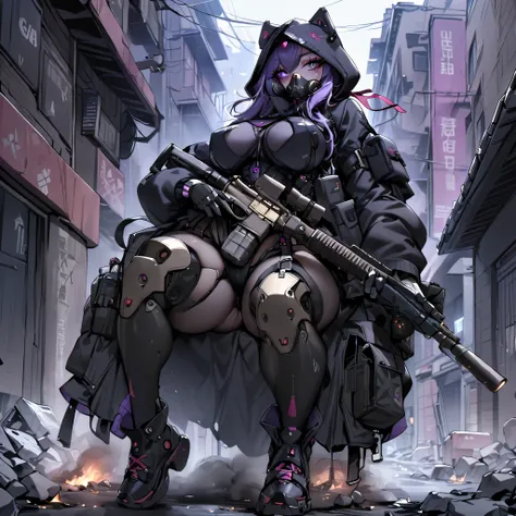 A Cyborg Woman, thick body, Thick lips, long eyelashes, Violet eyes, detailed eyes, beautiful eyes , masterpiece, She has an assault rifle in her hands, She is wearing a gas mask, ((She is wearing a black exosuit with high boots and a hood.)),