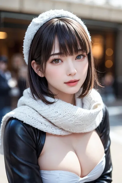 (masterpiece, Best Quality),One Girl, alone, Black-haired, scarf, Have, Realistic, Realistic, Gazing at the audience, Light-coloured black eyes, Short Brunette Bob, Brown coat, Winter clothes, White headscarf, Lips are banned, Outdoor, Mouth closed, Upper ...