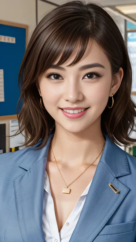 RAW Photo High Resolution, Very detailed, Intricate details, 、ear piercing、、Short Hair、Dark Brown Hair、Office Lady Suits 、smile、jacket、shirt、Heavy makeup、Necklace on neck、, The background is the office
