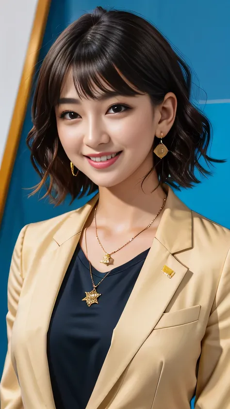 RAW Photo High Resolution, Very detailed, Intricate details, 、ear piercing、、Short Hair、Black Hair、Office Lady Suits 、smile、jacket、shirt、Heavy makeup、Necklace on neck、, The background is the office
