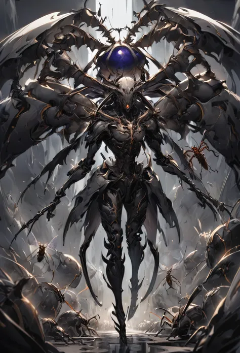 being with a gray humanoid body with only one eye, carrying a staff with a dark blue sphere, tall, thin, black eyes, legs similar to a cockroach with a scorpion, seven-point marks on the body, its body has an exoskeleton like that of insects, evil and blac...