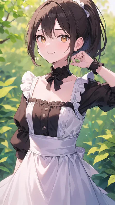 Anatomically correct, One Girl, Small breasts,  ｛Shortcuts:1.7｝, Short Ponytail:1.7, Brown Hair, Brown eyes,Character Portrait,Looking into the camera, smile, High resolution, First Person View, Maid:1.8,Green, Textured skin, Sparkle Effect, 