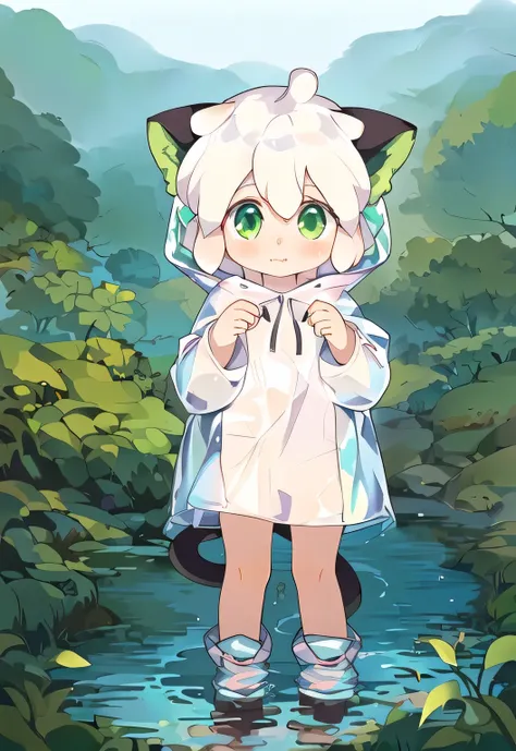 anime character of a cat girl in a raincoat standing in a stream, cute anime catgirl, white cat girl, full body portrait of a short!, female furry mini cute style, cute forest creature, anime catgirl, trending on artstation pixiv, detailed fanart, soft ani...