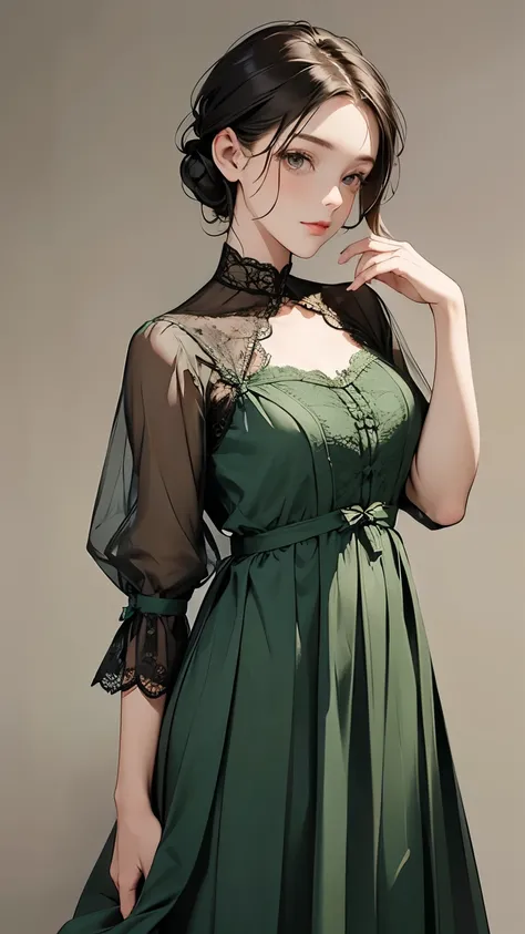 ((masterpiece)), (Best Quality), (simple Style), Green Dress, Butterfly Heart, Pleated lace, edwardian lace dress.