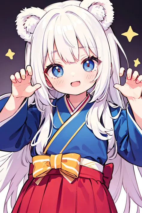 cute bear girl, Wearing a cute hanbok, Make a cute face, strike a cute pose, White hair, Five fingers,