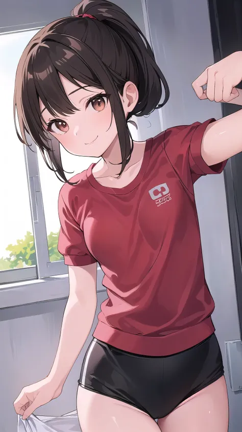 Anatomically correct, One Girl, Small breasts,  ｛Shortcuts:1.7｝, Short Ponytail:1.7, Brown Hair, Brown eyes,Character Portrait,Looking into the camera, smile, High resolution, First Person View, Gym uniform:1.8,red,piece