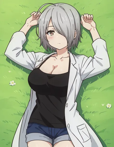 chizuru tachibana, short hair, ahoge, grey hair, hair over one eye, grey eyes, large breasts, lab coat, white lab coat, camisole, black camisole, collarbone, cleavage, shorts, high quality, solo, lying, on back, arms up, spread arms, closed mouth, on grass...