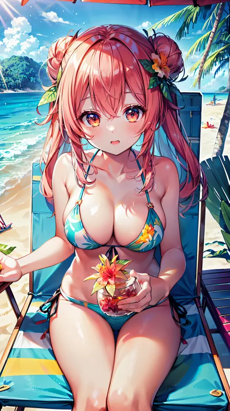 ((Ultra HD)), ((Ultra-detailed Ultra-high resolution)), ((Best Quality)), Young woman, Big Breasts, Swimwear, Straight hair, Princess Hair, side messy bun, (((Beach Chair))), (Beach Chairに座る:1.5), Dazzling sunlight, Tropical Drinks, hibiscus, Beach Umbrell...