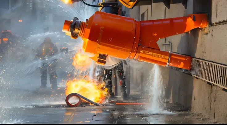 firefighters are spraying water on a fire hydrant with a hose, liquid fire, sparks and liquid fire, fire reak real life, fire raining, shooting at a building, fire, a foto mostra um grande, burn, intense moment, standing in fire, fire!! full body, blazing ...