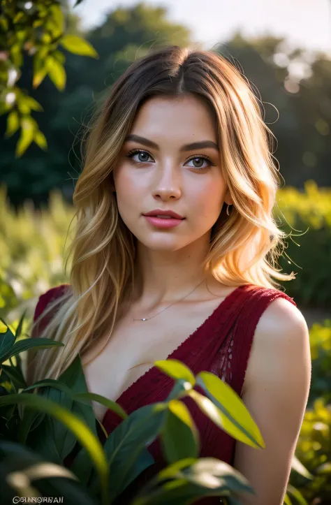 A beautiful, taylor swiftelegant young woman with long blonde hair, piercing blue eyes, and a warm, radiant expression, wearing a stunning red dress, standing in a lush, verdant garden at golden hour, (best quality,4k,8k,highres,masterpiece:1.2),ultra-deta...