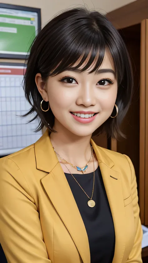 RAW Photo High Resolution, Very detailed, Intricate details, 、ear piercing、、Short Hair、Black Hair、Office Lady Suits 、smile、jacket、shirt、Heavy makeup、Necklace on neck、, The background is the office
