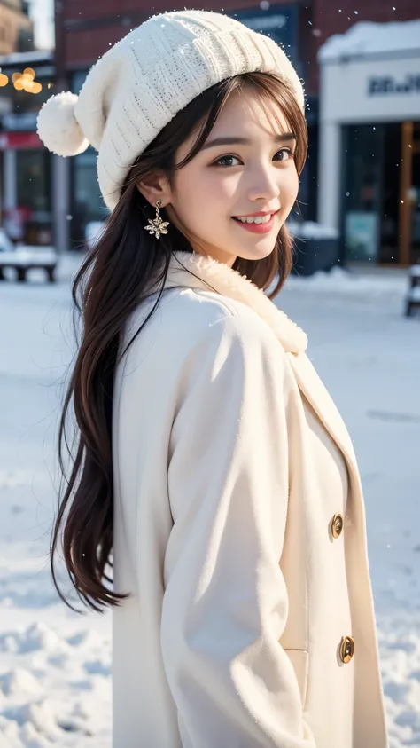 
 general, 1girl, solo, long hair, looking at viewer, smile, brown hair, hat, jewelry, brown eyes, upper body, outdoors, earrings, parted lips, black eyes, from side, coat, lips, white headwear, snow, white coat, snowing, pink lips, realistic, stud earring...