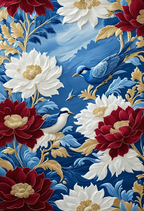 /I A linen fabric with the pattern of an elegant and detailed floral design in dark red, blue, and white colors. The background is a solid color, and the design contains large flowers, leaves, and small birds or animals. It has Indian-inspired patterns and...