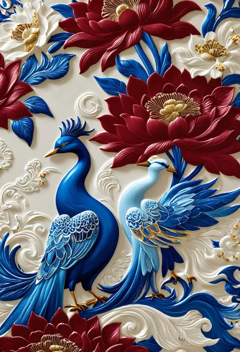 /I A linen fabric with the pattern of an elegant and detailed floral design in dark red, blue, and white colors. The background is a solid color, and the design contains large flowers, leaves, and small birds or animals. It has Indian-inspired patterns and...