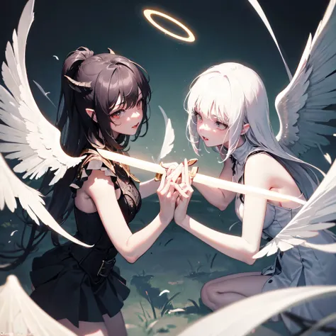 masterpiece, best quality, ultra-detailed, ((black demon girl with black wings and white angel girl with white wings fighting each other using greatsword)),detailed face,moonlight sword,glowing sword,halo,fighting stance,war,battle,guardian angel,babylon,c...