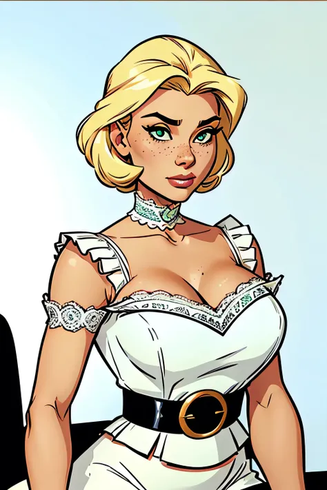 Athletic and thin woman, 25 years, 8k (high definition), sighing countenance, seductive look, green eyes, nose fine, wearing a white royal dress ((lace boat neckline, short puff sleeves)), pearl choker and tiara, arms positioned at the sides of the body, t...