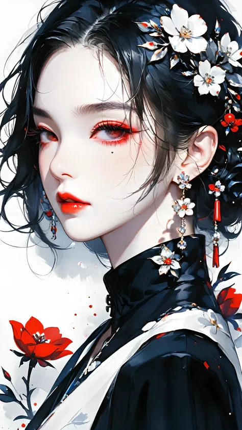 shuimo,1girl,flower,solo,jewelry,hair ornament,earrings,black hair,hair flower,red lips,looking at viewer,upper body,from side,w...