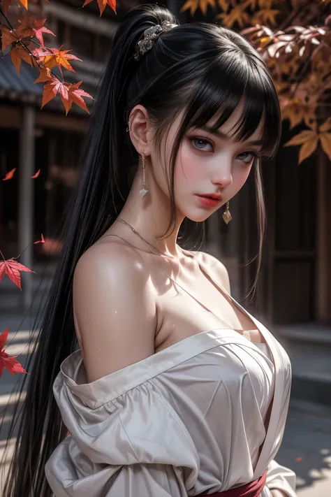 Movie Lighting、((Mastrpiece)),((Best Quality)),((Intricate and detailed)),((Ultra-realistic)), 4K,1 Beauty、、ponytail、((Off-the-shoulder ultra-thin yukata))、Beautiful Face、Beautiful brown eyes、Perfect Face、slender、Cleavage Emphasis、Having a good time、Graphi...