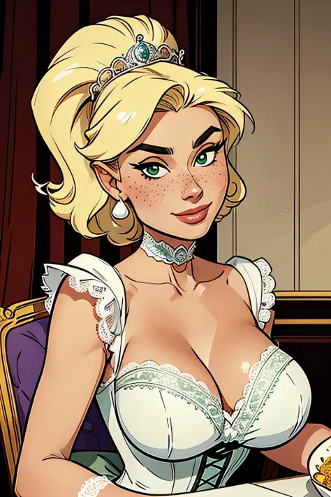 Athletic and thin woman, 25 years, 8k (high definition), mysterious smile, seductive look, green eyes, nose fine, wearing a white royal dress ((lace boat neckline, short puff sleeves)), choker, corset and tiara, arms positioned at the sides of the body, wh...