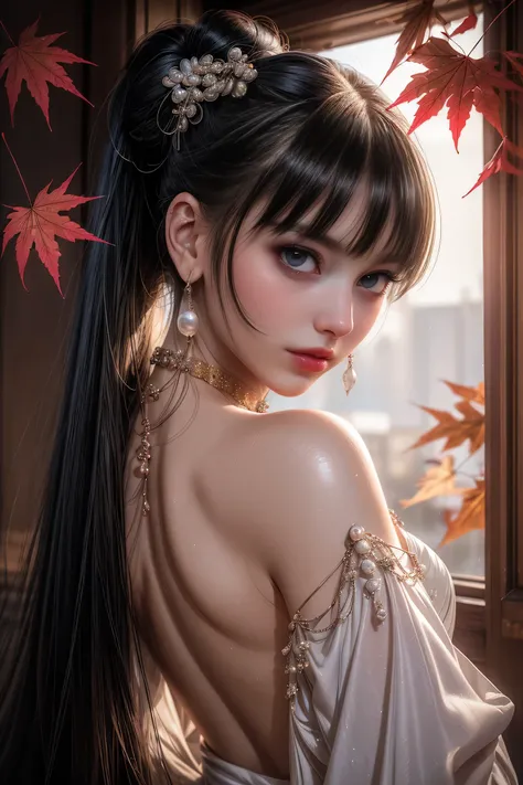 Movie Lighting、((Mastrpiece)),((Best Quality)),((Intricate and detailed)),((Ultra-realistic)), 4K,1 Beauty、、ponytail、((Off-the-shoulder ultra-thin yukata))、Beautiful Face、Beautiful brown eyes、Perfect Face、slender、Cleavage Emphasis、Having a good time、Graphi...