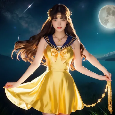 Sailor Moon is a sailor girl with a yellow dress and a gold necklace, Hino Rei as a princess, Moon Goddess, portrait zodiac knight girl, anime goddess, Goddess Artemis giggles, Moon Goddess, through sailor moon, zodiac knight girl, sailor galaxy. beautiful...