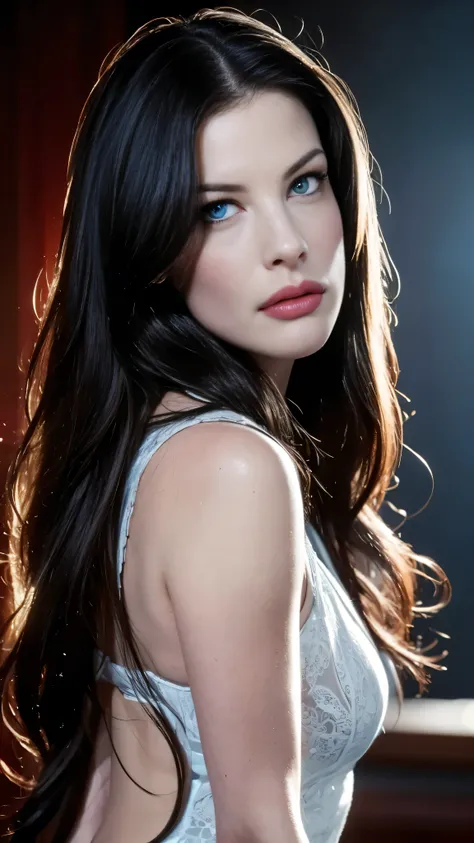 Liv Tyler with medium breasts, professional photograph, dark background, light clothing, detailed face, beautiful eyes, detailed lips, long eyelashes, photorealistic, 8k, high quality, masterpiece, cinematic lighting, dramatic lighting, dramatic shadows, v...