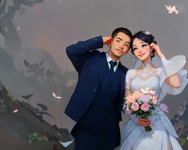 bride and groom posing for a photo in front of a gray wall, 🤬 🤮 💕 🎀, lovely couple, ao dai, wedding photo, & jeehyung lee & wlop, ruan jia and brom, in style of lam manh, photoshoot, ruan jia and fenghua zhong, yanjun chengt, jia, pastelHD, (Best Detail), ...