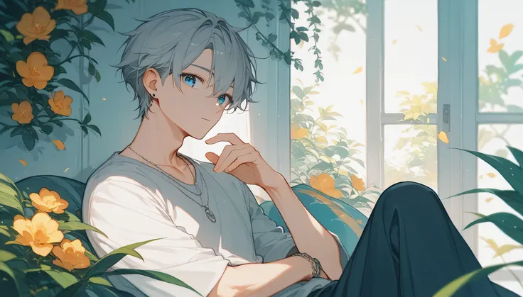 Gray-haired man、Pin your bangs to one side、Beautiful blue eyes、[Cool face、casual dress