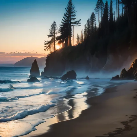 trees on the side of the beach, pacific northwest coast, oregon, mountains and ocean, california coast, by Doug Wildey, by Jim Nelson, by Etienne Delessert, by Ben Stahl, by Alexander Robertson, sand mists, by Greg Spalenka, pacific northwest, breath takin...