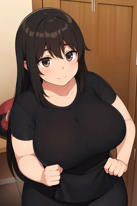 Chubby big boobs black hair brown eyes happy long messy hair blushing smile deredere sweatpants black t-shirt