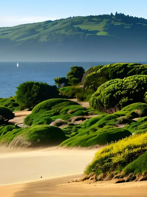 trees on the side of the beach, a matte painting by Doug Wildey, flickr, renaissance, pacific northwest coast, oregon, mountains and ocean, california coast, sand mists, pacific northwest, breath taking, beach on the outer rim, “ ethereal, coastline, hills...