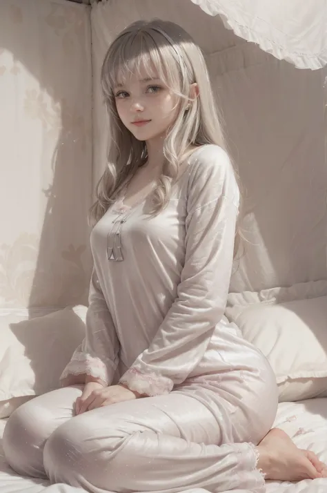 photo of mariya with long blonde hair, bang, nsfw, (petite:1.4), wearing (silver pajamas:1.3), (mastrubating:1.8),  on bed in a ...