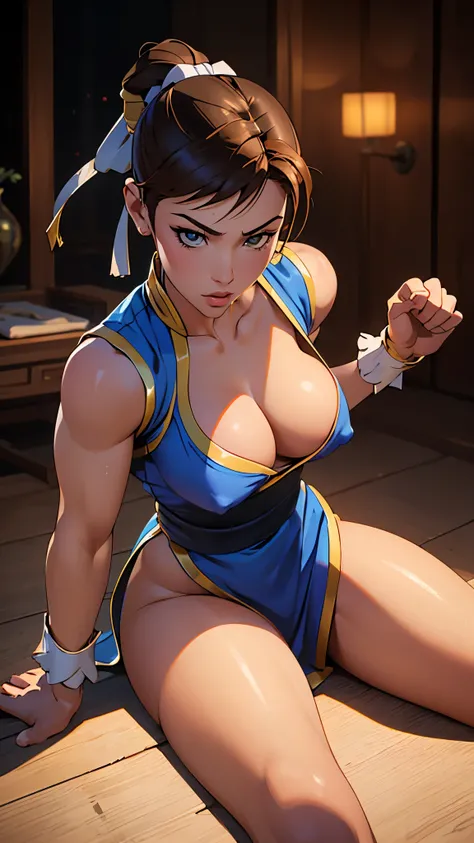 (Create a hyper-realistic masterpiece of sexy Chun-Li, the iconic character from the sixth Street Fighter game). Capture your dynamic fighting stance and powerful kicks with exquisite details, flexible body. (sexy outfit, erotic costume, marked pussy, puss...