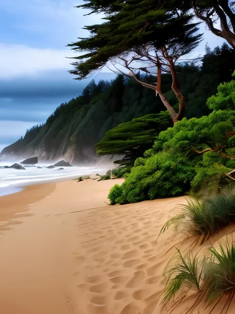 trees on the side of the beach, a matte painting by Doug Wildey, flickr, renaissance, pacific northwest coast, oregon, mountains and ocean, california coast, sand mists, pacific northwest, breath taking, beach on the outer rim, “ ethereal, coastline, hills...