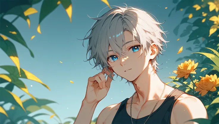 Gray-haired man、Pin your bangs to one side、Beautiful blue eyes、[Cool face、casual dress