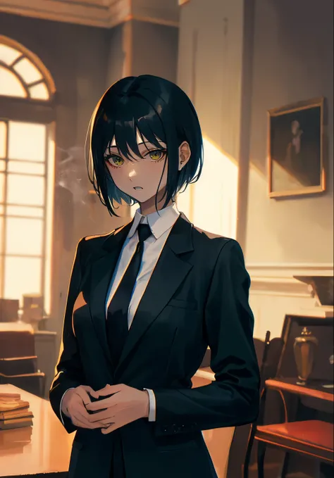 Anime style, a female mafia boss, a woman with short black hair, wearing a black suit jacket, formal trousers, and a neatly tied necktie, glaring intensely with a sharp and piercing gaze, dark brown eyes, standing confidently, only the upper body shown in ...