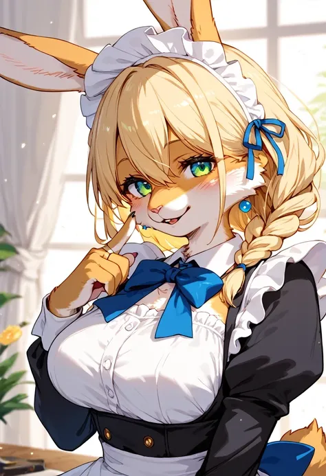 score_9, score_8_up, score_7_up, score_6_up, score_5_up, score_4_up, source_anime, best quality, amazing quality, very aesthetic, absurdres, 1 female, (furry, kemono:1.3), rabbit, jewelry, solo, blonde hair, earrings, looking at viewer, finger to mouth, sm...