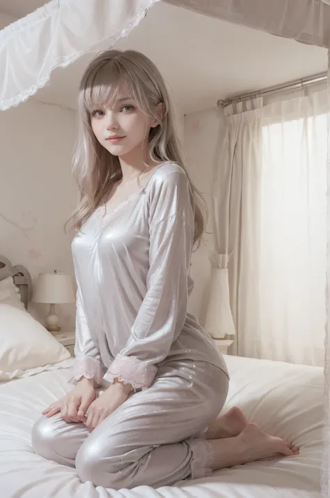 photo of mariya with long blonde hair, bang, NSFW, (petite:1.4), wearing (silver pajamas:1.3), (mastrubating:1.8), on bed in a cute girly bedroom adorned with pastel hues and playful decor. The walls are painted in soft pinks or lavender, with a delicate ...