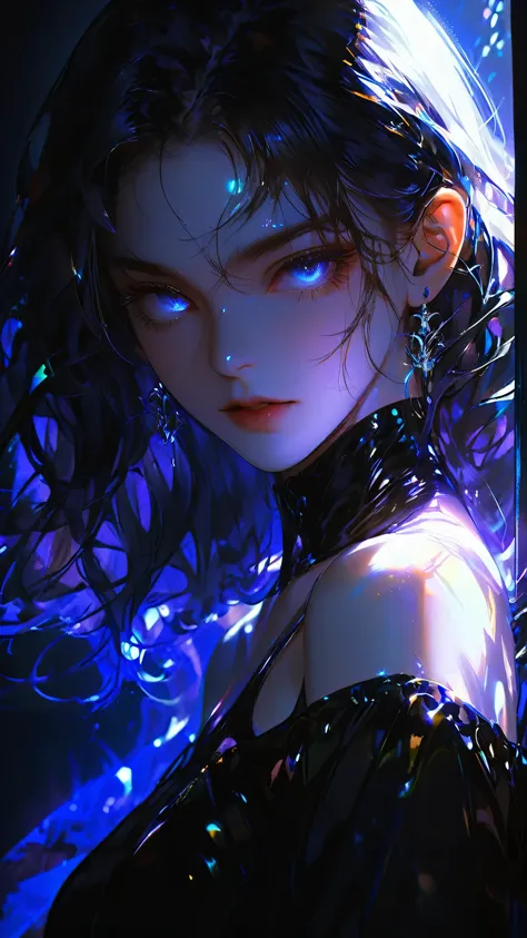 (masterpiece, best quality:1.2),black light, 1 girl, alonefluorescent color, 1 girl, look next to, pretty face, beautiful eyes, ...