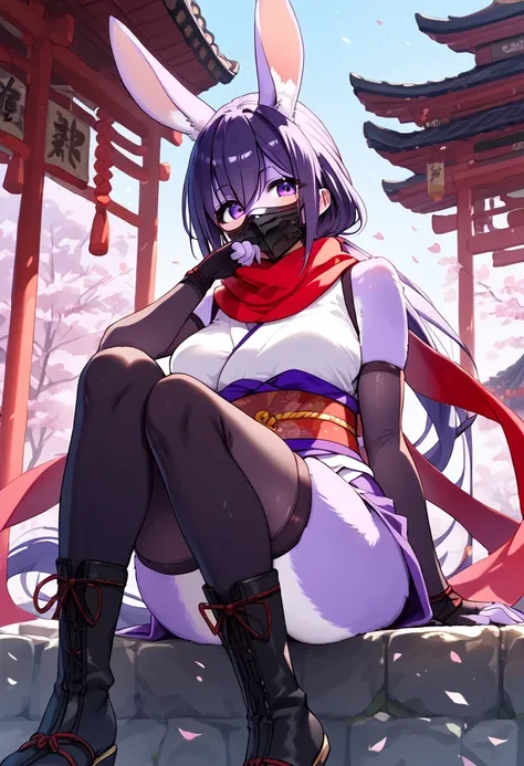 score_9, score_8_up, score_7_up, score_6_up, score_5_up, score_4_up, source_anime, best quality, amazing quality, very aesthetic, absurdres, 1 female, (furry, kemono:1.3), rabbit, 1girl, mask, ninja, rating:safe, scarf, mouth_mask, solo, purple_eyes, thigh...