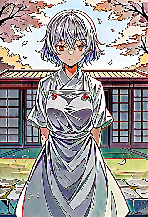 Anime-style illustration of Youmu Konpaku from Touhou Project, wearing a green and white dress with a white apron. She has short silver hair and holds her hands behind her back, standing confidently. Remove any logos or text from the image. A ghostly figur...