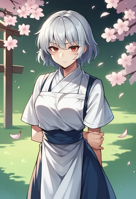 Anime-style illustration of Youmu Konpaku from Touhou Project, wearing a green and white dress with a white apron. She has short silver hair and holds her hands behind her back, standing confidently. Remove any logos or text from the image. A ghostly figur...