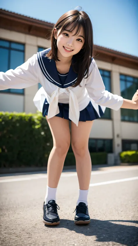 full body shot, from front, ((ground-level shot:1.5)), wide shot,high school girl,sailor suit,smile,leaning forward, looking at ...