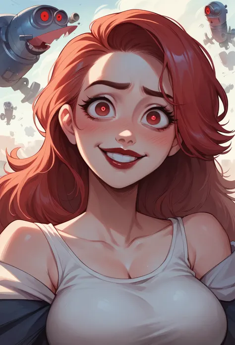 big breasts, long hair, Red hair, blush, smile, red eyes, Teeth, red lips, long eyelashes, BRIGHT PUPILS, simple bottom, Apocalypse, Modern, Pixar, 