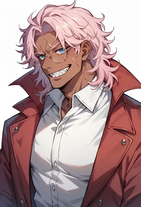 male, dark skinned, white-pink curly hair, medium long hair, round glasses, tinted glasses, crimson collared coat, white shirt, scar across eye, sharp teeth, blue eyes, muscle, white background